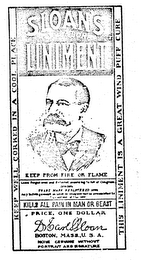 SLOAN'S NERVE & BONE LINIMENT KEEP FROM FIRE OR FLAME KILLS ALL PAIN IN MAN OR BEAST PRICE, ONE DOLLAR DR. EARL S. SLOAN BOSTON, MASS., U.S.A. NONE GENUINE WITHOUT PORTRAIT AND SIGNATURE KEEP WELL CORKED IN A COOL PLACE THIS LINIMENT IS A GREAT WIND PUFF CURE LABEL ENTERED ACCORDING TO ACT OF CONGRESS 1889-1890.  TRADEMARK REGISTERED 1890.  ANY INFRINGEMENT ON LABEL OR WRAPPER WILL BE PROSECUTED TO FULL EXTENT OF THE LAW.