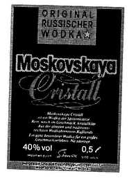 MOSKOVSKAYA CRISTALL ORIGINAL RUSSISCHER WODKA MOSKOVSKAYA CRISTALL IST EIN WODKA DER SPITZENKLASSE.  REIN, WEICH IM GESCHMACK, KRISTALLKLAR.  AUS DER ALTESTEN UND TRADITIONS-REICHSTEN WODKABRENNEREI RUSSLANDS.  EIN GANZ BESONDERER WODKA FUR EIN GROSSES GESCHMACKSERLEBNIS.  NA SDOROVJE.  40% VOL 0,5 L IMPORTIERT DURCH SIMEX 5170 JULICH HERGESTELLT UND AUF FLASCHEN-GEFULLT IN DER UDSSR WODKABRENNEREI "CRISTALL" MOSKAU