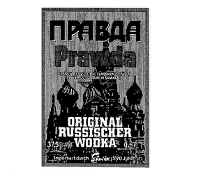 PRAWDA HERGESTELLT UND AUF FLASCHENGEFULLT IN DER UDSSR DURCH SAMARA. ORIGINAL RUSSISCHER WODKA 37,5% VOL 0,5L IMPORTIERT DURCH SIMEX 5170 JULICH