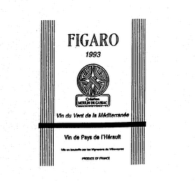 FIGARO 1993 CREATION MOULIN DE GASSAC VIN DU VENT DE LA MEDITERRANEE VIN DE PAYS DE L'HERAULT MIS EN BOUTELLE PAR LES VIGNERONS DE VILLEVEYRAC PRODUCE OF FRANCE