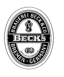 BECK'S BRAUEREI BECK & CO BREMEN GERMANY BREMEN 1874 PHILADELPHIA 1876