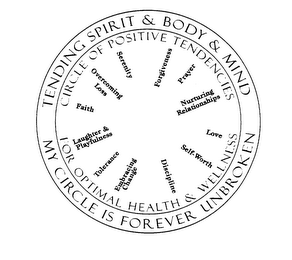 MY CIRCLE IS FOREVER UNBROKEN TENDING SPIRIT & BODY & MIND CIRCLE OF POSITIVE TENDENCIES FOR OPTIMAL HEALTH & WELLNESS SERENITY FORGIVENESS PRAYER NURTURING RELATIONSHIPS LOVE SELF-WORTH DISCIPLINE EMBRACING CHANGE TOLERANCE LAUGHTER & PLAYFULNESS FAITH OVERCOMING LOSS