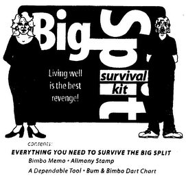BIG SPLIT SURVIVAL KIT LIVING WELL IS THE BEST REVENGE! CONTENTS: EVERYTHING YOU NEED TO SURVIVE THE BIG SPLIT BIMBO MEMO ALIMONY STAMP A DEPENDABLE TOOL BUM & BIMBO DART CHART