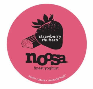 STRAWBERRY RHUBARB NOOSA FINEST YOGHURTALL NATURAL INGREDIENTS. GLUTEN FREE. PROBIOTIC. FROM HAPPY COWS NEVER TREATED WITH RBGH* AUSSIE CULTURE* COLORADO FRESH