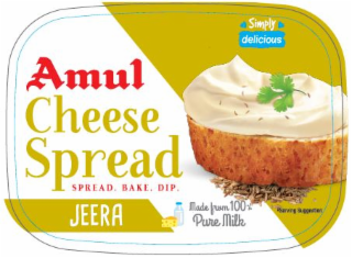 AMUL CHEESE SPREAD SPREAD. BAKE. DIP. JEERA MADE FROM 100% PURE MILK SIMPLY DELICIOUS SERVING SUGGESTION